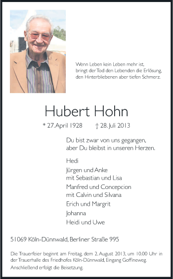 Anzeige von Hubert Hohn von Kölner Stadt-Anzeiger / Kölnische Rundschau / Express