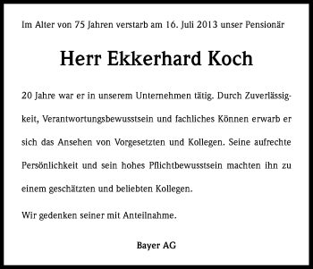 Anzeige von Ekkerhard Koch von Kölner Stadt-Anzeiger / Kölnische Rundschau / Express
