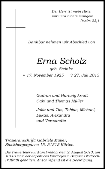 Anzeige von Erna Scholz von Kölner Stadt-Anzeiger / Kölnische Rundschau / Express