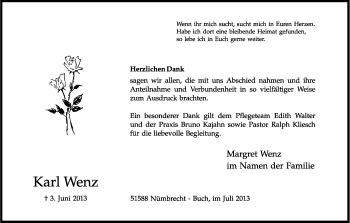 Anzeige von Karl Wenz von Kölner Stadt-Anzeiger / Kölnische Rundschau / Express
