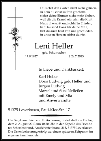 Anzeige von Leni Heller von Kölner Stadt-Anzeiger / Kölnische Rundschau / Express