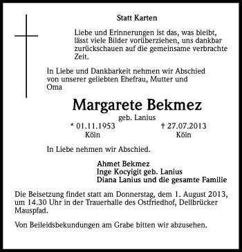 Anzeige von Margarete Bekmez von Kölner Stadt-Anzeiger / Kölnische Rundschau / Express