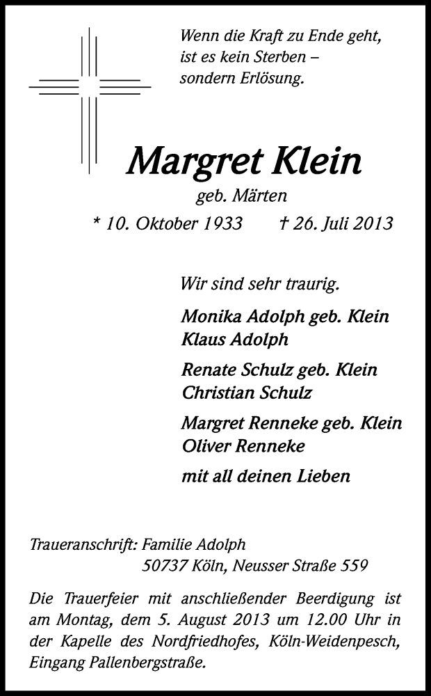  Traueranzeige für Margret Klein vom 31.07.2013 aus Kölner Stadt-Anzeiger / Kölnische Rundschau / Express