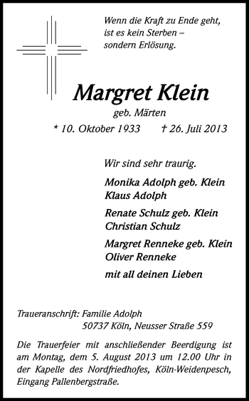 Anzeige von Margret Klein von Kölner Stadt-Anzeiger / Kölnische Rundschau / Express