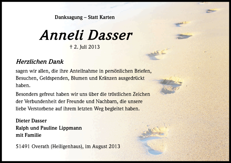  Traueranzeige für Annelie Dasser vom 03.08.2013 aus Kölner Stadt-Anzeiger / Kölnische Rundschau / Express