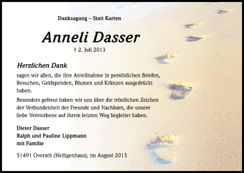 Anzeige von Annelie Dasser von Kölner Stadt-Anzeiger / Kölnische Rundschau / Express