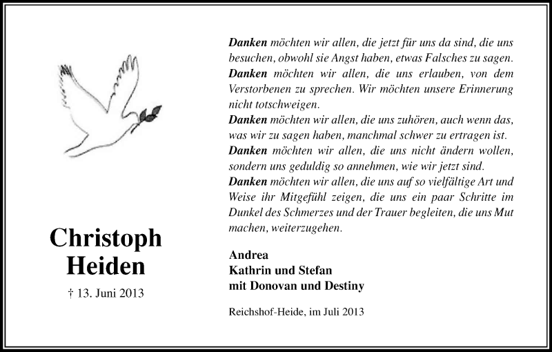 Traueranzeige für Christoph Heiden vom 03.08.2013 aus Kölner Stadt-Anzeiger / Kölnische Rundschau / Express