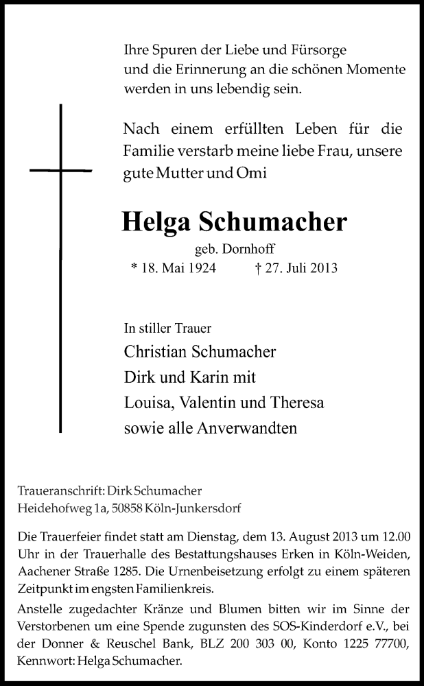  Traueranzeige für Helga Schumacher vom 03.08.2013 aus Kölner Stadt-Anzeiger / Kölnische Rundschau / Express