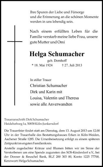 Anzeige von Helga Schumacher von Kölner Stadt-Anzeiger / Kölnische Rundschau / Express