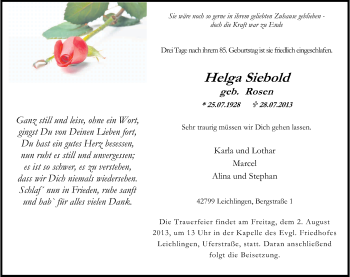 Anzeige von Helga Siebold von Kölner Stadt-Anzeiger / Kölnische Rundschau / Express