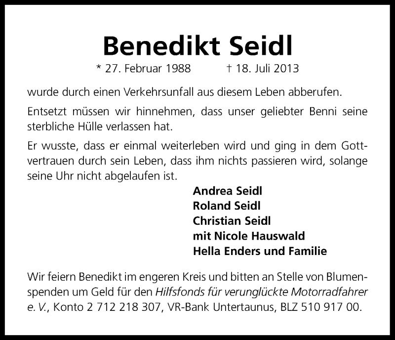  Traueranzeige für Benedikt Seidl vom 31.07.2013 aus Kölner Stadt-Anzeiger / Kölnische Rundschau / Express
