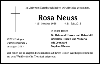 Anzeige von Rosa Neuss von Kölner Stadt-Anzeiger / Kölnische Rundschau / Express