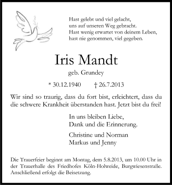 Anzeige von Iris Mandt von Kölner Stadt-Anzeiger / Kölnische Rundschau / Express