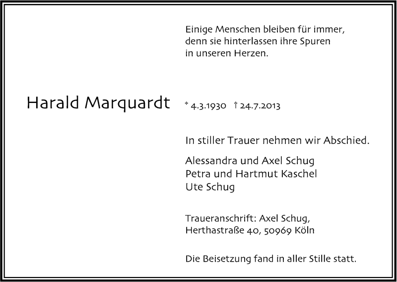  Traueranzeige für Harald Marquardt vom 01.08.2013 aus Kölner Stadt-Anzeiger / Kölnische Rundschau / Express