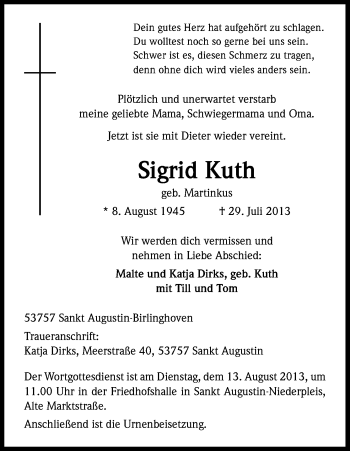 Anzeige von Sigrid Kuth von Kölner Stadt-Anzeiger / Kölnische Rundschau / Express
