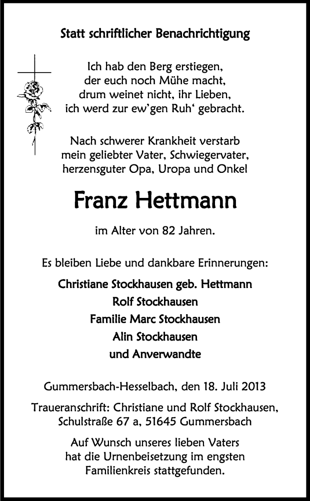  Traueranzeige für Franz Hettmann vom 10.08.2013 aus Kölner Stadt-Anzeiger / Kölnische Rundschau / Express