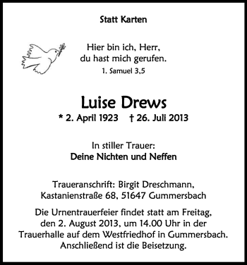 Anzeige von Luise Drews von Kölner Stadt-Anzeiger / Kölnische Rundschau / Express