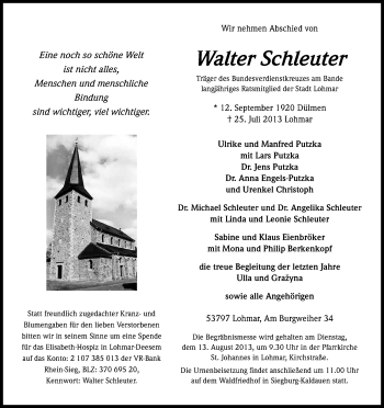 Anzeige von Walter Schleuter von Kölner Stadt-Anzeiger / Kölnische Rundschau / Express