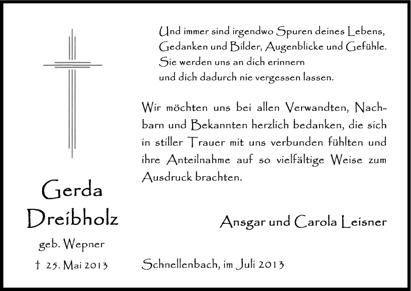  Traueranzeige für Gerda Dreibholz vom 31.07.2013 aus Kölner Stadt-Anzeiger / Kölnische Rundschau / Express