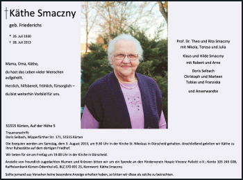 Anzeige von Käthe Smaczny von Kölner Stadt-Anzeiger / Kölnische Rundschau / Express