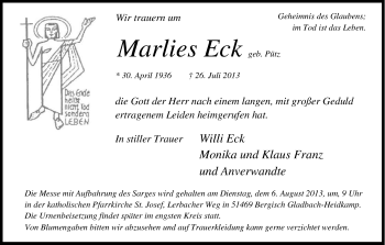 Anzeige von Marlies Eck von Kölner Stadt-Anzeiger / Kölnische Rundschau / Express