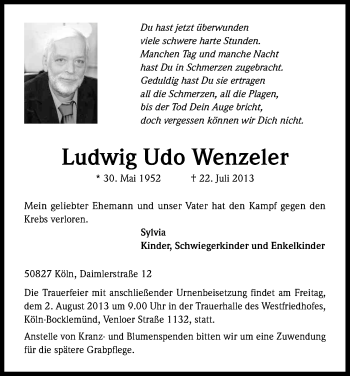 Anzeige von Ludwig Udo Wenzeler von Kölner Stadt-Anzeiger / Kölnische Rundschau / Express