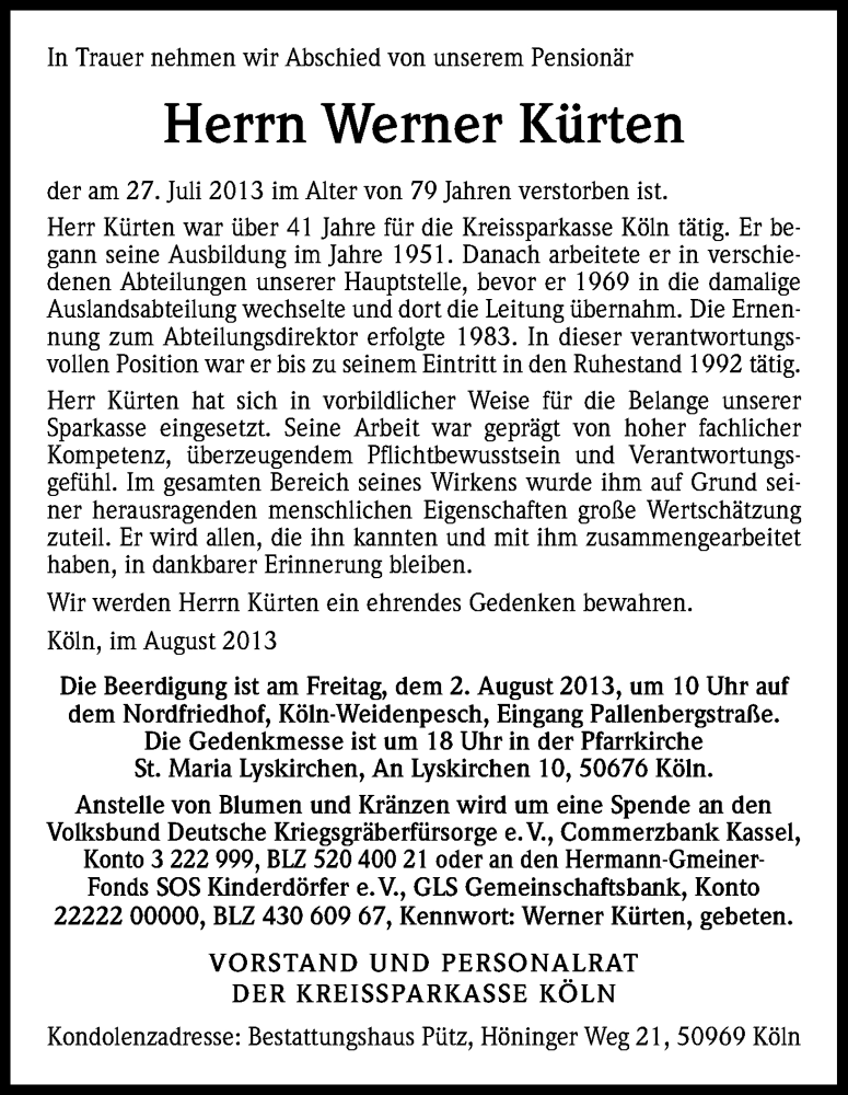  Traueranzeige für Werner Kürten vom 01.08.2013 aus Kölner Stadt-Anzeiger / Kölnische Rundschau / Express