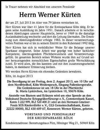 Anzeige von Werner Kürten von Kölner Stadt-Anzeiger / Kölnische Rundschau / Express