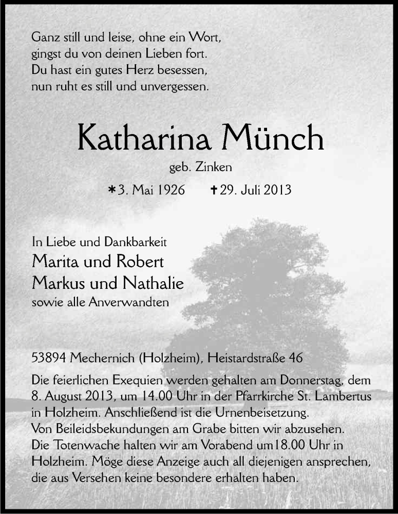  Traueranzeige für Katharina Münch vom 03.08.2013 aus Kölner Stadt-Anzeiger / Kölnische Rundschau / Express