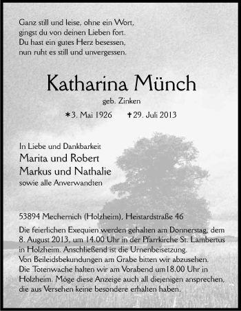 Anzeige von Katharina Münch von Kölner Stadt-Anzeiger / Kölnische Rundschau / Express