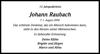 Anzeige von Johann Raubach von Kölner Stadt-Anzeiger / Kölnische Rundschau / Express
