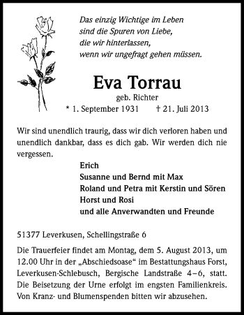 Anzeige von Eva Torrau von Kölner Stadt-Anzeiger / Kölnische Rundschau / Express