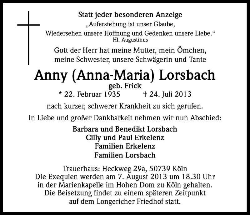  Traueranzeige für Anny Lorsbach vom 01.08.2013 aus Kölner Stadt-Anzeiger / Kölnische Rundschau / Express