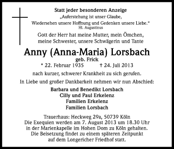 Anzeige von Anny Lorsbach von Kölner Stadt-Anzeiger / Kölnische Rundschau / Express