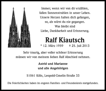 Anzeige von Ralf Kiautsch von Kölner Stadt-Anzeiger / Kölnische Rundschau / Express