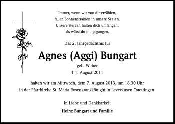 Anzeige von Agnes Bungart von Kölner Stadt-Anzeiger / Kölnische Rundschau / Express