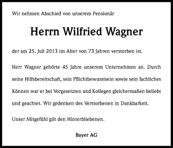 Anzeige von Wilfried Wagner von Kölner Stadt-Anzeiger / Kölnische Rundschau / Express