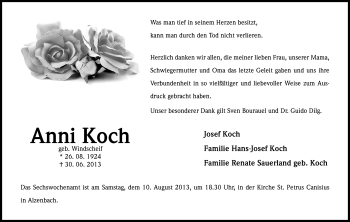 Anzeige von Anni Koch von Kölner Stadt-Anzeiger / Kölnische Rundschau / Express