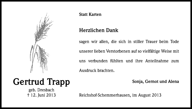 Traueranzeige für Gertrud Trapp vom 03.08.2013 aus Kölner Stadt-Anzeiger / Kölnische Rundschau / Express