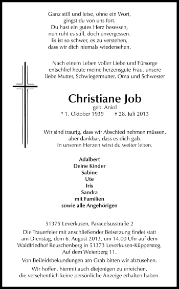 Anzeige von Christiane Job von Kölner Stadt-Anzeiger / Kölnische Rundschau / Express