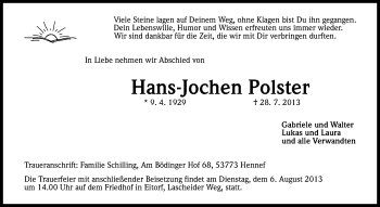 Anzeige von Hans-Jochen Polster von Kölner Stadt-Anzeiger / Kölnische Rundschau / Express