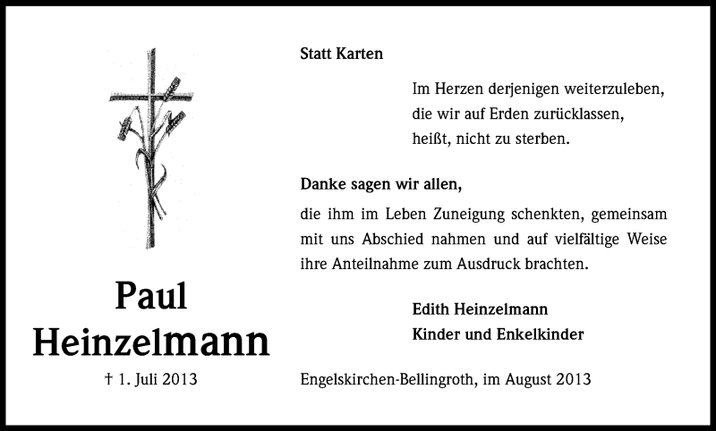 Traueranzeige für Paul Heinzelmann vom 03.08.2013 aus Kölner Stadt-Anzeiger / Kölnische Rundschau / Express
