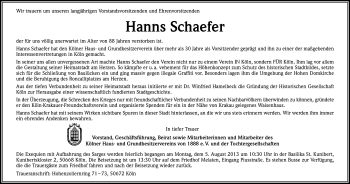 Anzeige von Hanns Schaefer von Kölner Stadt-Anzeiger / Kölnische Rundschau / Express