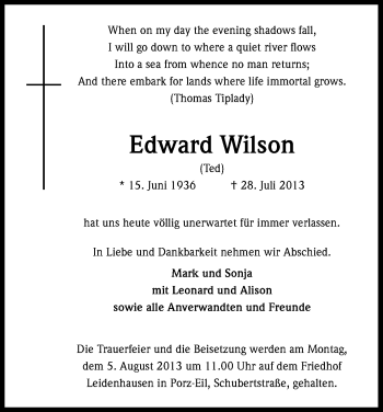 Anzeige von Edward Wilson von Kölner Stadt-Anzeiger / Kölnische Rundschau / Express