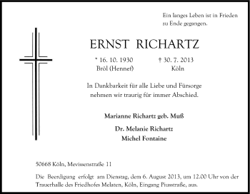 Anzeige von Ernst Richartz von Kölner Stadt-Anzeiger / Kölnische Rundschau / Express