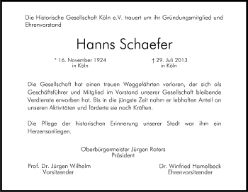 Anzeige von Hanns Schaefer von Kölner Stadt-Anzeiger / Kölnische Rundschau / Express