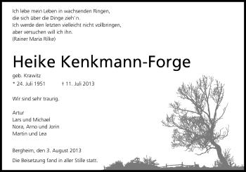 Anzeige von Heike Kenkmann-Forge von Kölner Stadt-Anzeiger / Kölnische Rundschau / Express