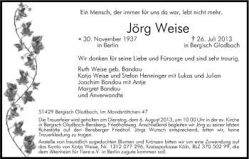 Anzeige von Jörg Weise von Kölner Stadt-Anzeiger / Kölnische Rundschau / Express