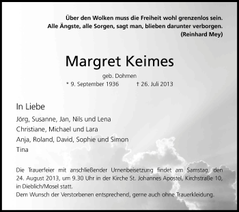 Anzeige von Margret Keimes von Kölner Stadt-Anzeiger / Kölnische Rundschau / Express