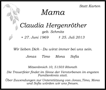 Anzeige von Claudia Hergenröther von Kölner Stadt-Anzeiger / Kölnische Rundschau / Express